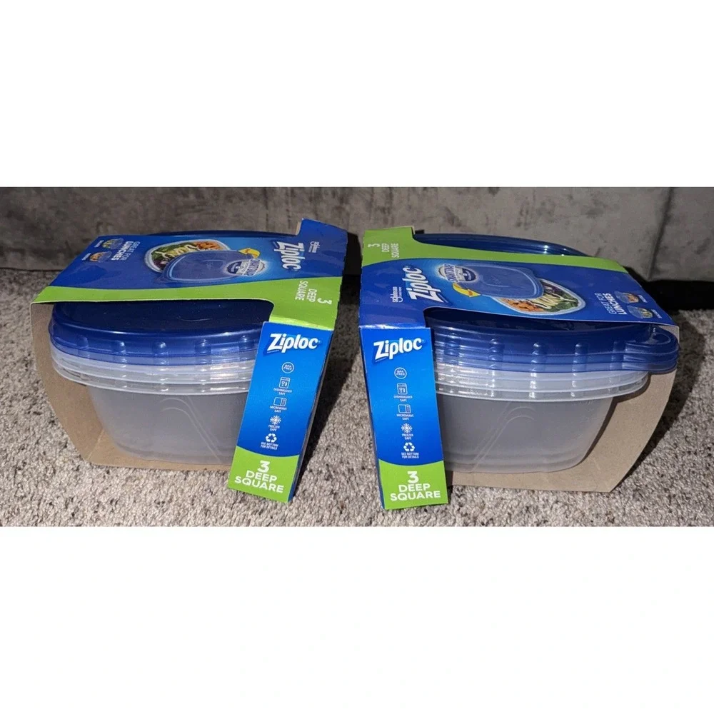 2 New Ziploc Plastic Food Storage Containers, Deep Square, 3 Count, Clear 1.25qt